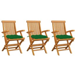  Krzesła ogrodowe, zielone poduszki, 3 szt., lite drewno tekowe Lumarko!