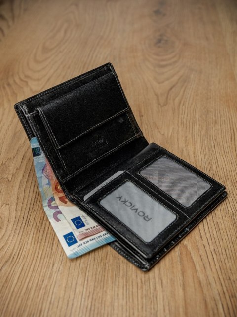  Pionowy Portfel Męski Bez Zapięcia Z Czarnej Skóry Naturalnej