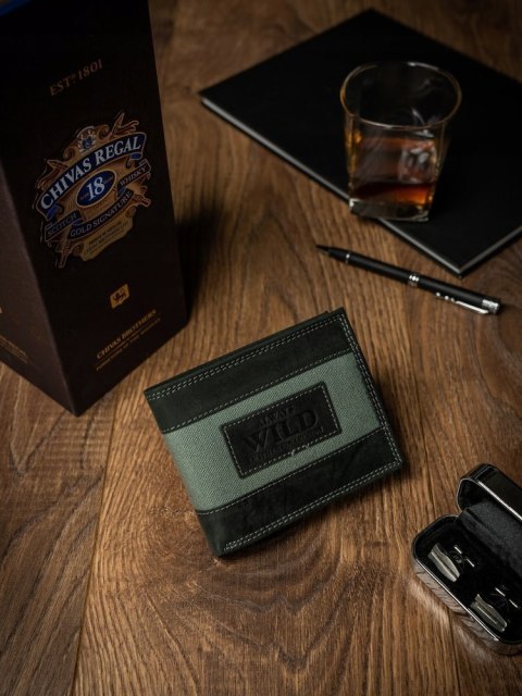  Poziomy Portfel Z Elementami Jeansu, Skóra Naturalna Nubuk