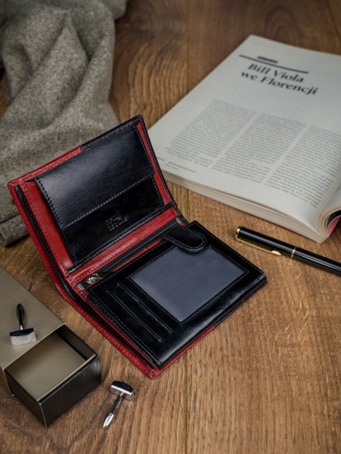  Dwukolorowy Portfel Męski Ze Skóry Naturalnej, Bez Zapięcia