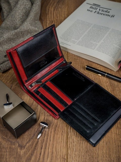  Dwukolorowy Portfel Męski Ze Skóry Naturalnej, Bez Zapięcia