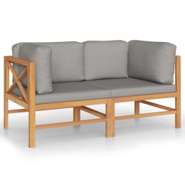  2-os. sofa ogrodowa z szarymi poduszkami, lite drewno tekowe