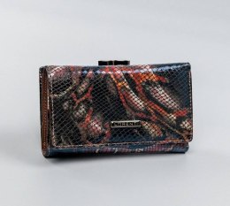 Skórzany portfel damski z biglem zdobiony motywem wężowej skóry — Lorenti