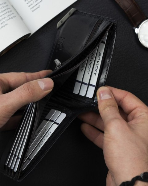  Poziomy Portfel Męski Ze Srebrnym Akcentem, Skóra Naturalna Licowa !