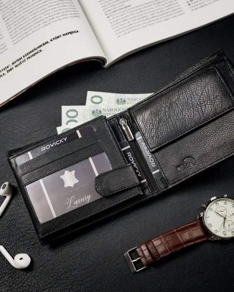  Poziomy Portfel Męski Ze Schowkiem Na Suwak, Skóra Naturalna, Rfid Stop !