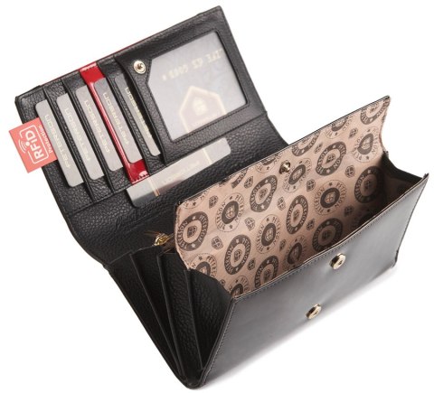  Czarny Portfel Damski Skórzany Z Akcentem !