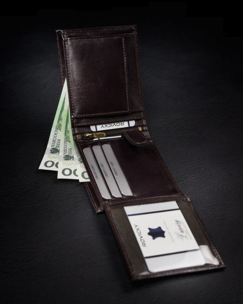 Cienki portfel męski z naturalnej skóry licowej ze schowkiem na suwak — Rovicky