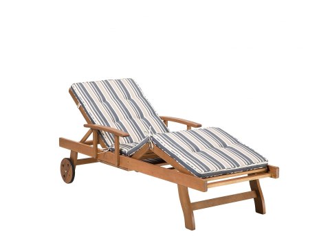  Leżak ogrodowy drewno akacjowe z poduszką niebiesko-beżową JAVA