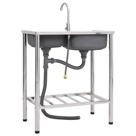  Zlewozmywak kempingowy, dwukomorowy, z kranem, stal nierdzewna Lumarko!