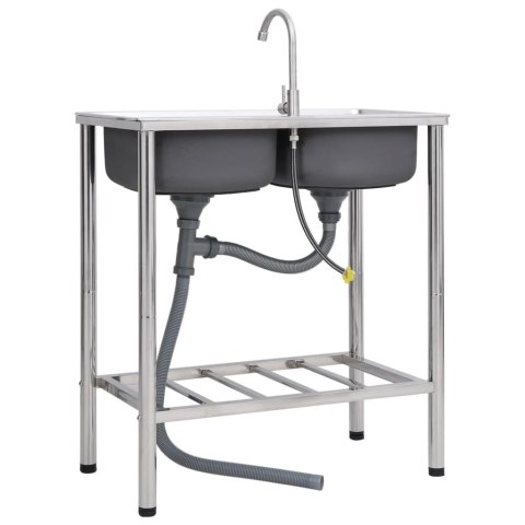  Zlewozmywak kempingowy, dwukomorowy, z kranem, stal nierdzewna Lumarko!