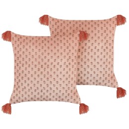  Zestaw 2 welurowych poduszek dekoracyjnych z frędzlami roślinny motyw 45 x 45 cm różowe RUMHORA Lumarko!