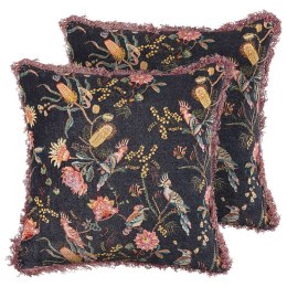  2 poduszki dekoracyjne welurowa w kwiaty z frędzlami 45 x 45 cm czarno-różowe MORUS Lumarko!