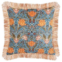  Poduszka dekoracyjna welurowa w kwiaty z frędzlami 45 x 45 cm niebiesko-pomarańczowa MITELLA Lumarko!