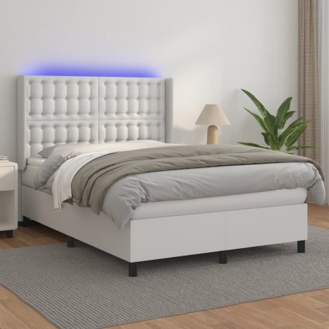  Łóżko kontynentalne z materacem i LED, biała ekoskóra 140x200cm Lumarko!