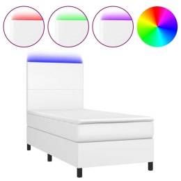  Łóżko kontynentalne z materacem i LED, biała ekoskóra 90x190 cm Lumarko!