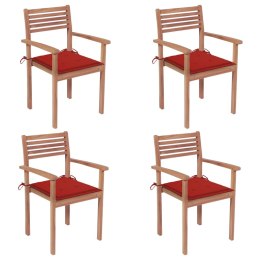 Krzesła ogrodowe, 4 szt., czerwone poduszki, drewno tekowe Lumarko!