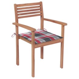 Krzesła ogrodowe, 4 szt., z poduszkami w czerwoną kratę, tekowe Lumarko!