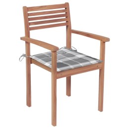 Krzesła ogrodowe, 4 szt., z poduszkami w szarą kratkę, tekowe Lumarko!