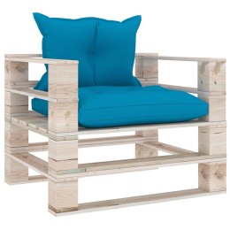 Sofa ogrodowa z palet, z niebieskimi poduszkami, drewno sosnowe Lumarko