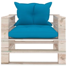 Sofa ogrodowa z palet, z niebieskimi poduszkami, drewno sosnowe Lumarko