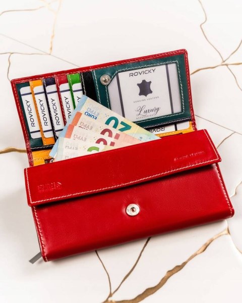 Skórzany portfel damski w orientacji poziomej na zatrzask — Rovicky Lumarko!