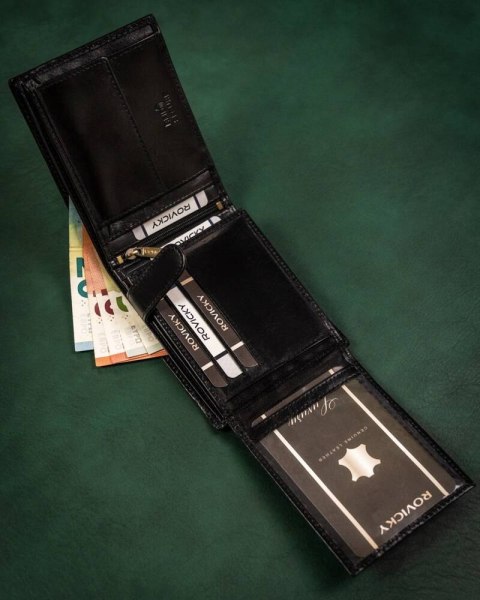 Elegancki, skórzany portfel męski bez zapięcia zewnętrznego — Rovicky Lumarko!