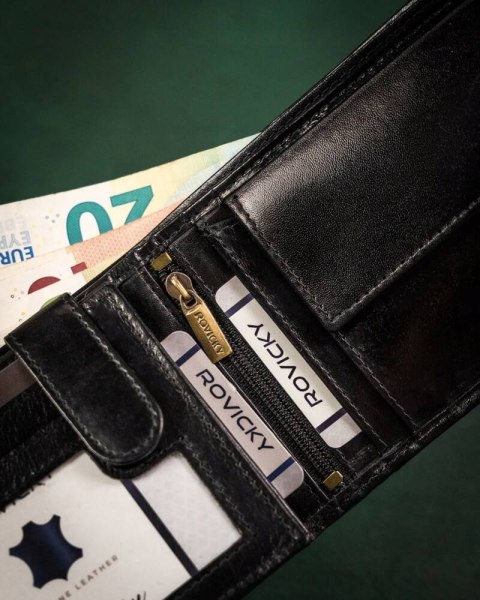 Elegancki, skórzany portfel męski bez zapięcia zewnętrznego — Rovicky Lumarko!