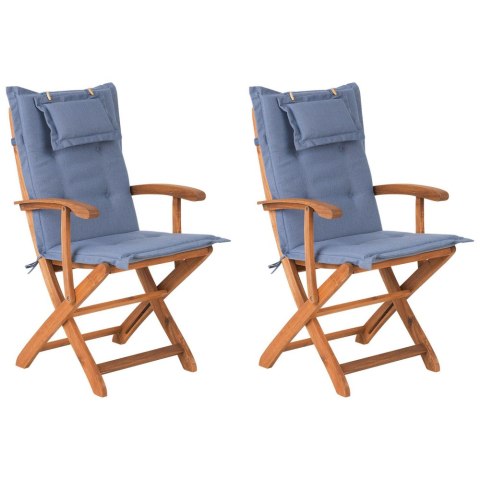 Zestaw 2 krzeseł ogrodowych drewniany z niebieskimi poduszkami MAUI Lumarko!