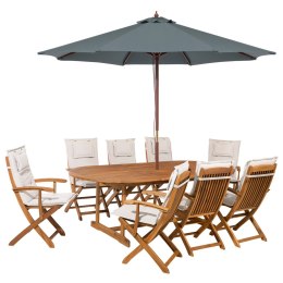 Zestaw ogrodowy drewniany stół z parasolem i 8 krzeseł z poduszkami beżowymi MAUI Lumarko!
