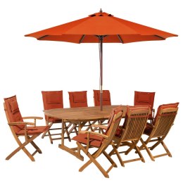 Zestaw ogrodowy drewniany stół z parasolem i 8 krzeseł z poduszkami bordowymi MAUI Lumarko!