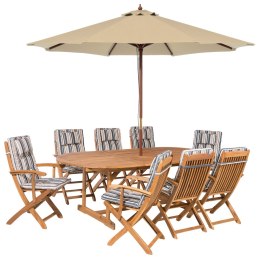 Zestaw ogrodowy drewniany stół z parasolem i 8 krzeseł z poduszkami niebiesko-beżowymi MAUI Lumarko!