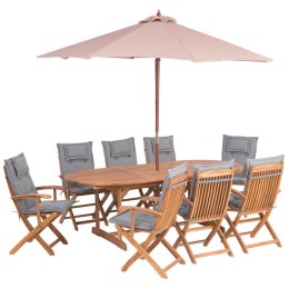Zestaw ogrodowy drewniany stół z parasolem i 8 krzeseł z poduszkami szarymi MAUI Lumarko!