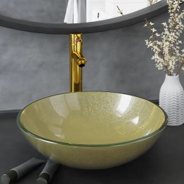 Umywalka łazienkowa z kranem i korkiem, złota, szkło hartowane Lumarko!