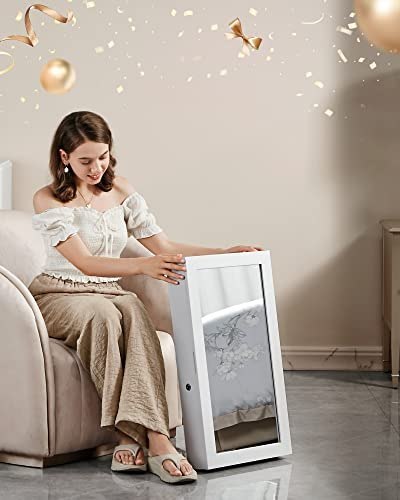 Biała Lustrzana Zamykana Szafka Na Biżuterię, Organizer Na Biżuterię Do Montażu Na Ścianie, Pomysł Na Prezent Jbc51w Lumarko!