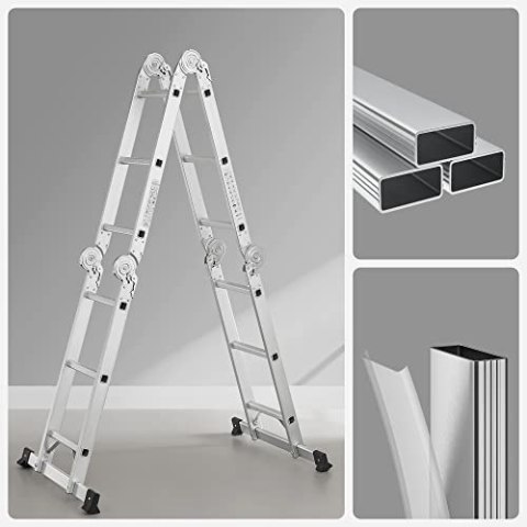 Drabina , drabina wielofunkcyjna 3,5 m, drabina schodkowa, drabina aluminiowa, drabina domowa, do 150 kg, 12 stopni z 2 płytami 