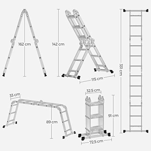 Drabina , drabina wielofunkcyjna 3,5 m, drabina schodkowa, drabina aluminiowa, drabina domowa, do 150 kg, 12 stopni z 2 płytami 