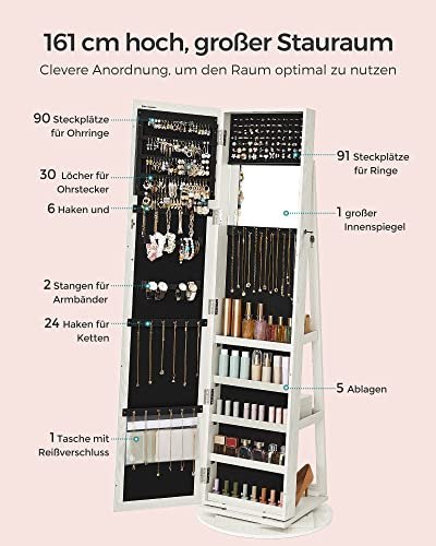 Wolnostojąca Szafka Na Biżuterię, Obrotowy Organizer Na Biżuterię 360° Z Lustrem, Półki, Zamykana Szafka Na Biżuterię 3 W 1, Sza