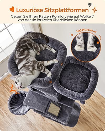 Drapak, Duża Wieża Dla Kota 206 Cm Z 13 Drapakami, 1 Rampą Do Drapania, 2 Grzędami, 2 Jaskiniami, Koszem, Hamakiem, Pomponami, W