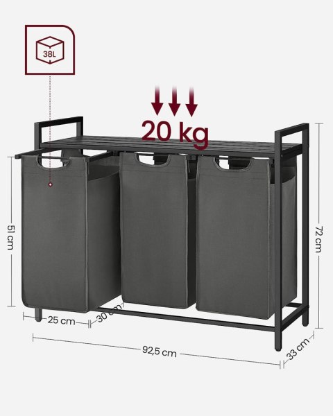Kosz Na Pranie, 3-przedziałowy Kosz Na Pranie, Wysuwane I Wyjmowane Worki Na Pranie, Sortownik Prania, Półka, Metalowa Rama, 3 X Lumarko!