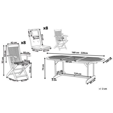 Zestaw ogrodowy drewniany stół i 8 krzeseł z poduszkami szarymi MAUI