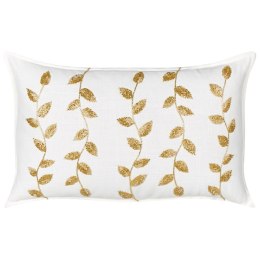 Bawełniana poduszka dekoracyjna haftowana w liście 30 x 50 cm biała ze złotym NERIUM Lumarko!