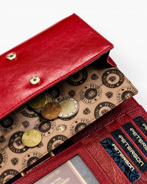 Czerwony skórzany portfel damski z klapką — Peterson