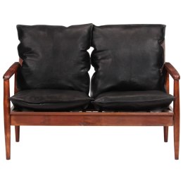 Sofa 2-osobowa, czarna, naturalna skóra i lite drewno akacjowe Lumarko!