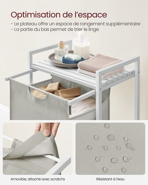 Kosz, pralnia, kosz, wyciągający i wyjmowany torba do prania, półka, metalowa rama, 65L, 50 x 33 x 72 cm, White BLH101W01