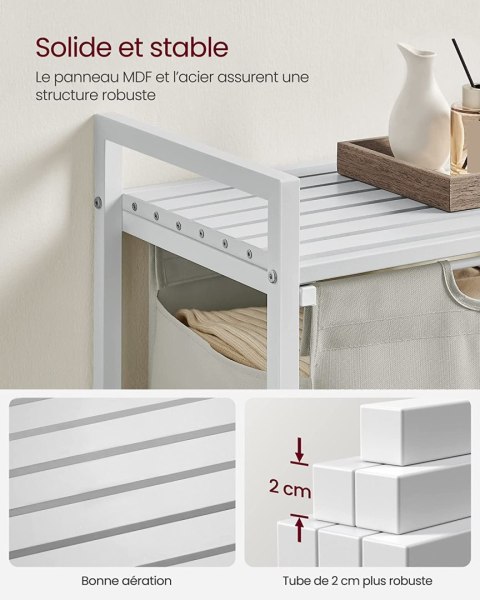 Kosz, pralnia, kosz, wyciągający i wyjmowany torba do prania, półka, metalowa rama, 65L, 50 x 33 x 72 cm, White BLH101W01