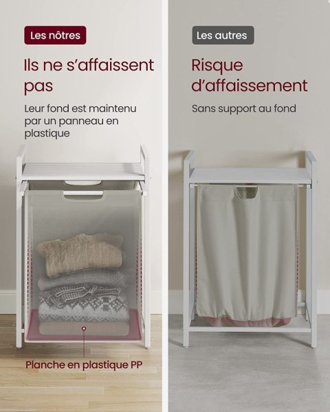 Kosz, pralnia, kosz, wyciągający i wyjmowany torba do prania, półka, metalowa rama, 65L, 50 x 33 x 72 cm, White BLH101W01