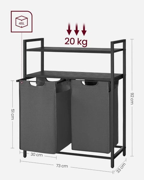 Pralnia 2 przedziały, kosza na pranie z 2 półkami, sorter pralni, rozszerzona torba do prania i odłączona, na torbę 46 litrów, d