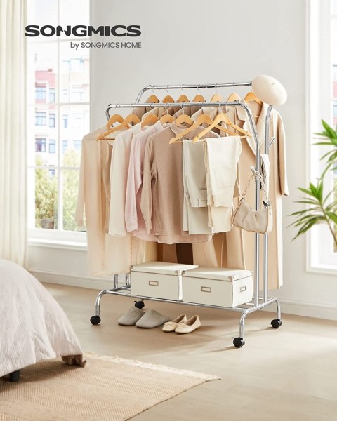 Szyna do ubrań, stojak na ubrania, podwójne ubrania wisząca szyna, wytrzymała metalowa rama z kółkami i półką, 100 kg całkowitej