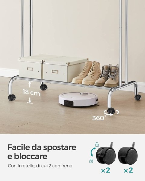 Szyna do ubrań, stojak na ubrania, podwójne ubrania wisząca szyna, wytrzymała metalowa rama z kółkami i półką, 100 kg całkowitej