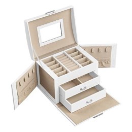 3-poziomowe pudełko biżuterii, obudowa biżuterii z uchwytem, ​​2 szuflady, zamknięty organizator biżuterii z lustrem, przechowyw